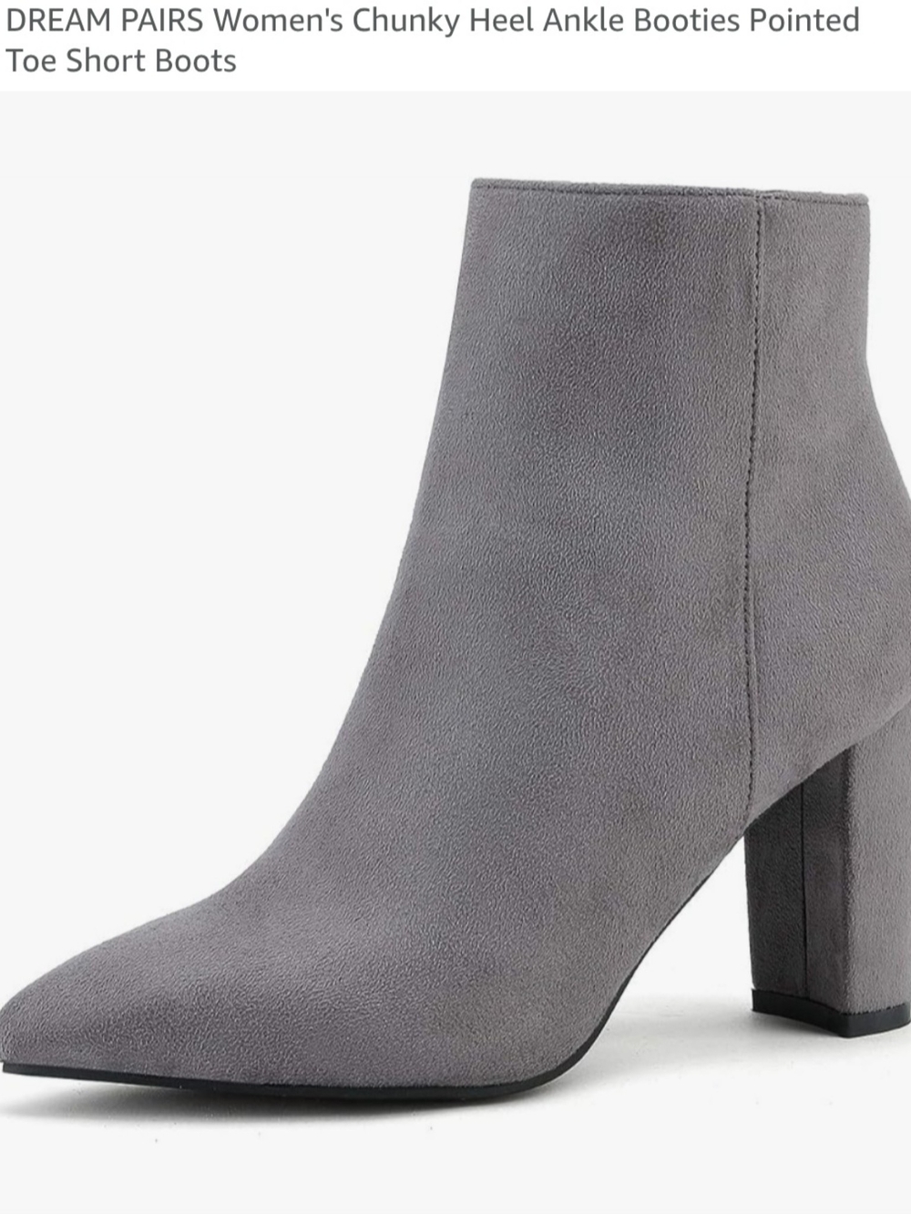Dream Pairs Gray Suede-Look Pointed Toe Chunky Heel Ankle Boots